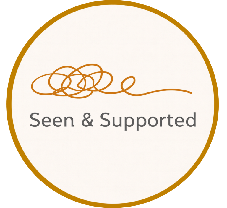 Circle with a squiggle and the words 'Seen and Supported' on the inside